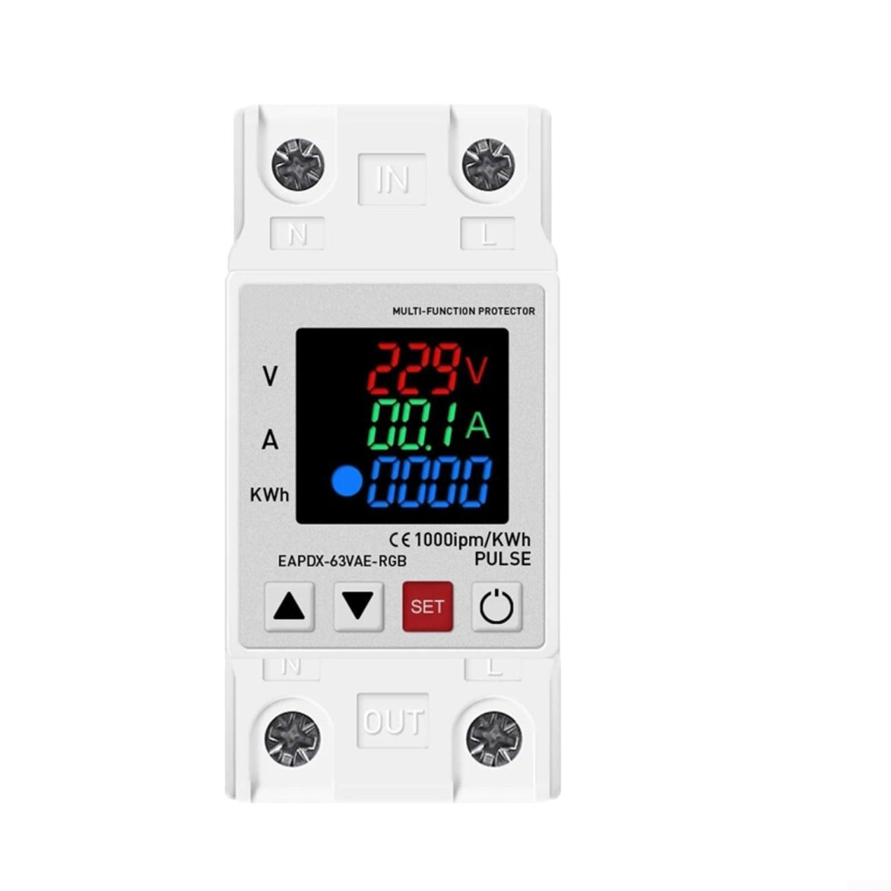 63A Din Rail Over Under Voltage Protector With Kwh Meter, Adjustable Current And 3In1 Display 9347817469714