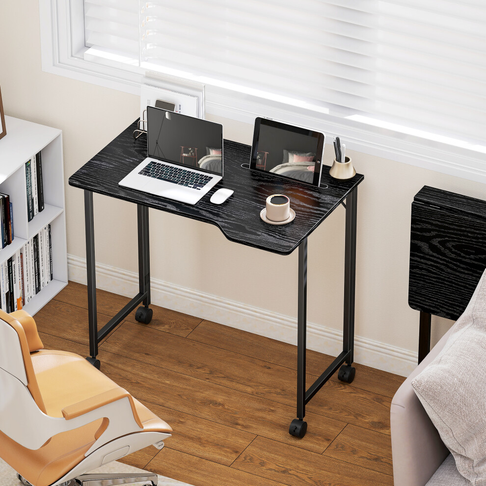 Homcom (Black) Small Writing Desk With Wheels, Folding Study Table