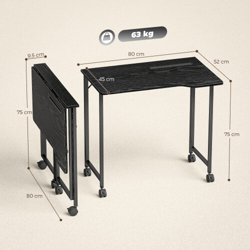 Homcom (Black) HOMCOM Small Writing Desk with Wheels, Folding Study Table 2