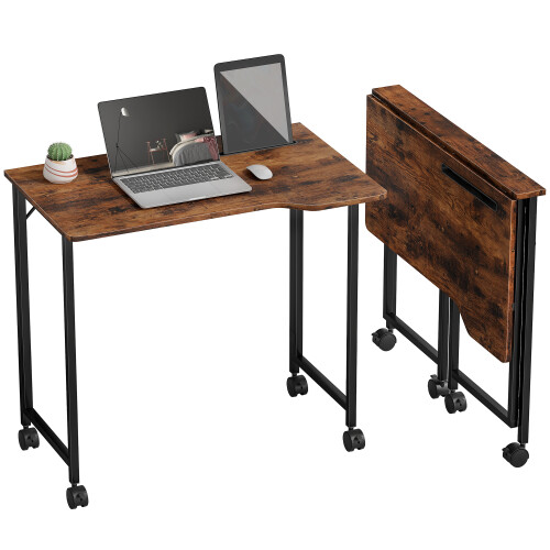 Homcom (Brown) HOMCOM Small Writing Desk with Wheels, Folding Study Table 1