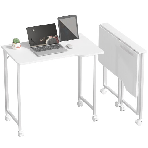 Homcom (White) HOMCOM Small Writing Desk with Wheels, Folding Study Table 1