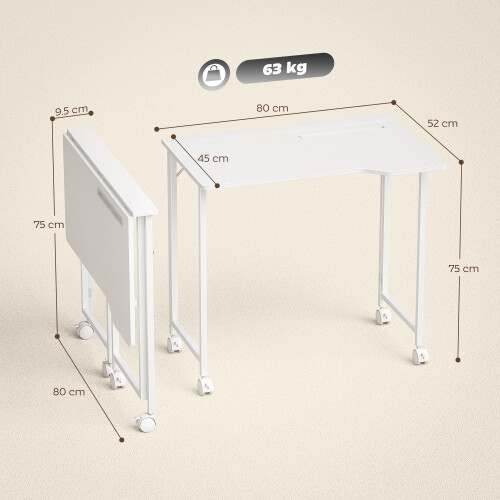 Homcom (White) HOMCOM Small Writing Desk with Wheels, Folding Study Table 2