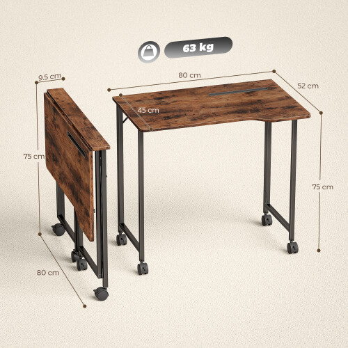 Homcom (Brown) HOMCOM Small Writing Desk with Wheels, Folding Study Table 2