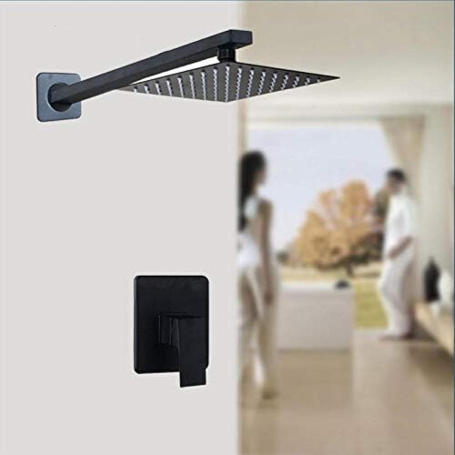 Black 10 Inch Square Rainfall Shower Head Set with Handheld, Solid Brass Wall Mount System 1