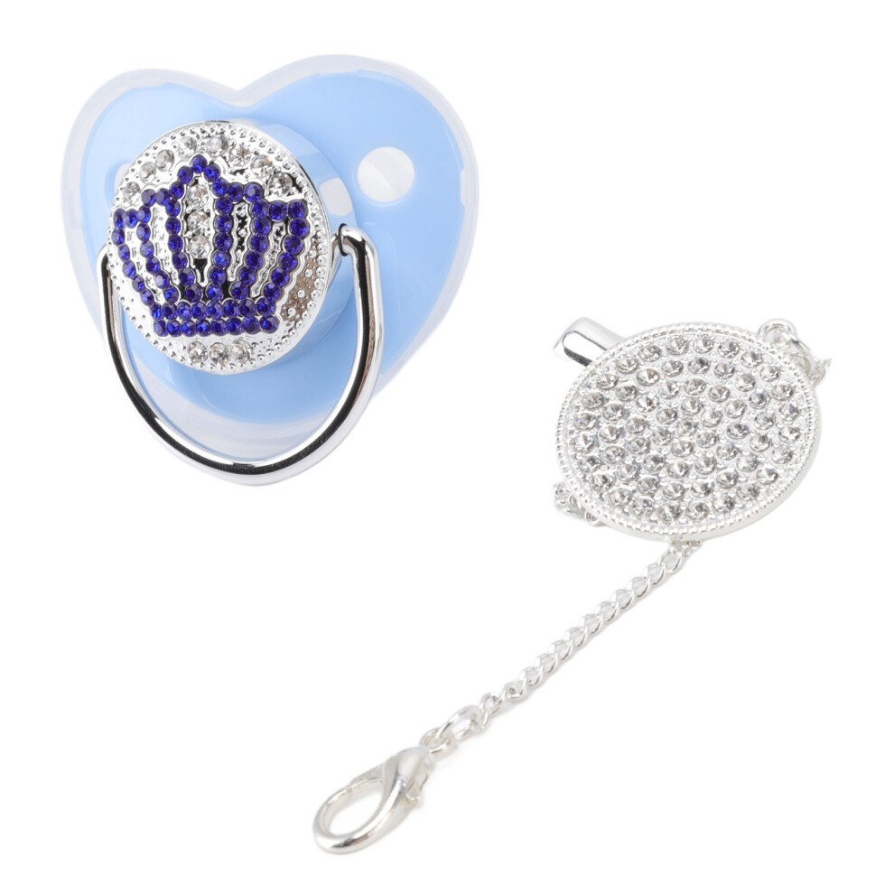 Bpa Free M Size Pacifier With Rhinestone Crown & Chain Clip Blue