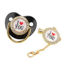 Baby Pacifier Bling I Love You Pattern with Chain Clip for 6-18 Months Black M