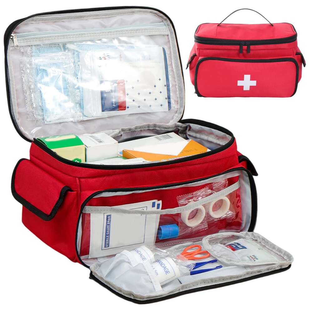 First Aid Bag - Large Capacity 11x7.5x6.3 Inch Medical Organizer with Handle & Multi-Compartments for Home Travel