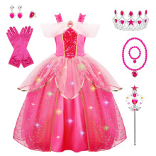 MELAND Princess Costumes for Girls, Sleeping Light Up Princess Dress Up for Girls Age 3-10 Years, Rose Pink Fancy Dress for Kids & Toddlers Halloween