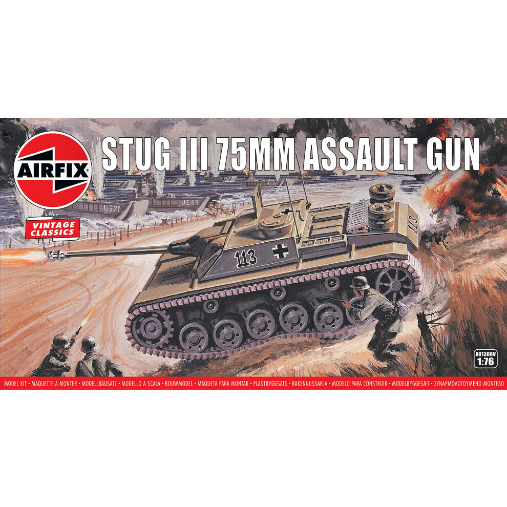 Airfix Vintage Classics Set - A01306v Stug Iii 75Mm Assault Gun - Plastic Model Tank Kits For Adults & Children 8+, Set Includes 79 Pieces, Sprues &