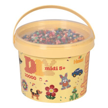 Hama Midi Beads Bucket, Approx. 10,000 Assorted Coloured Plastic Round Beads, 5 Coloured Peg Boards, Creative Arts & Craft Kit for Children Ages 5+