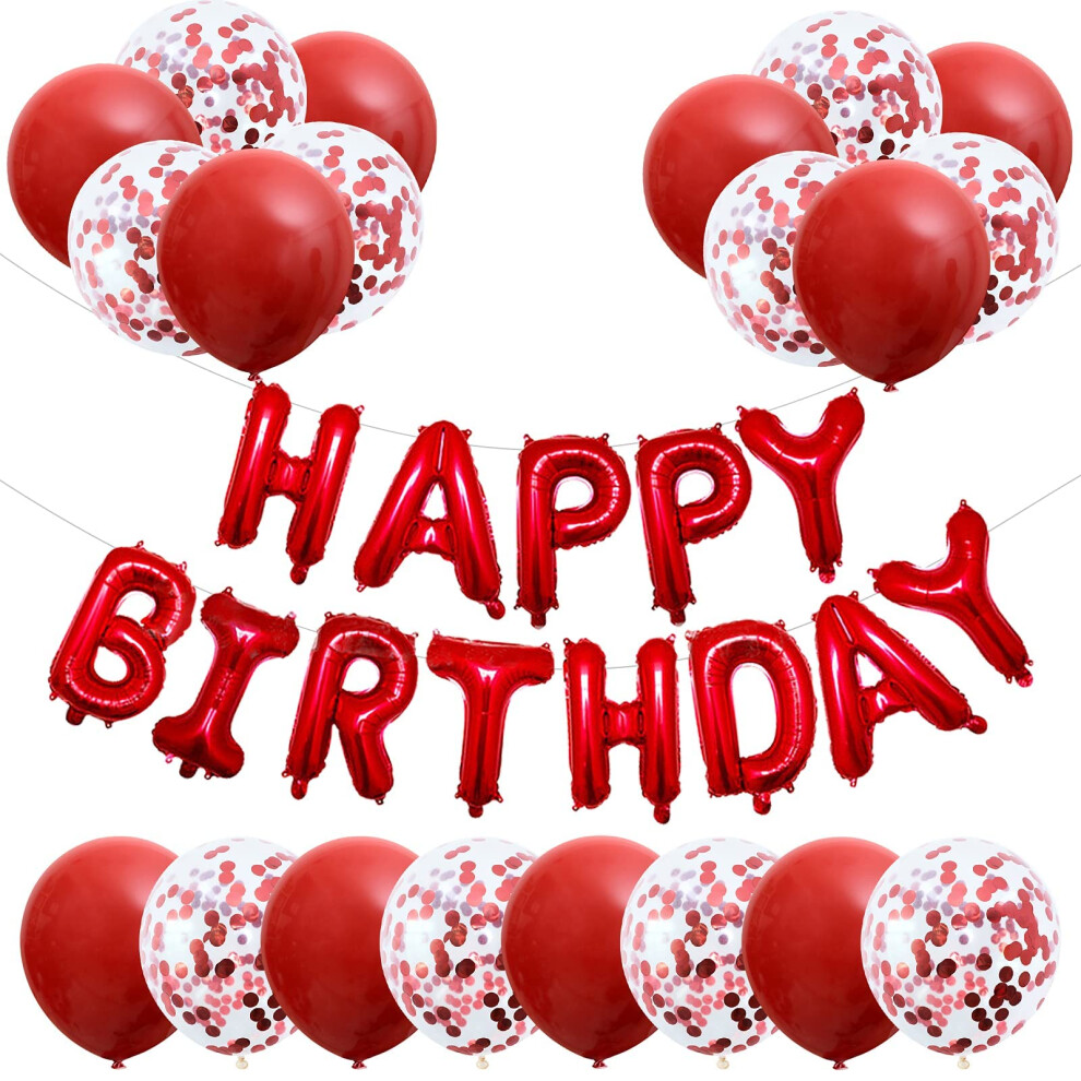 Gremag Happy Birthday Banner, Balloon Decoration Set - 20 Pack Including Latex And Confetti Balloons, 16-Inch Foil Balloons For Boys, Girls, Women Party Red