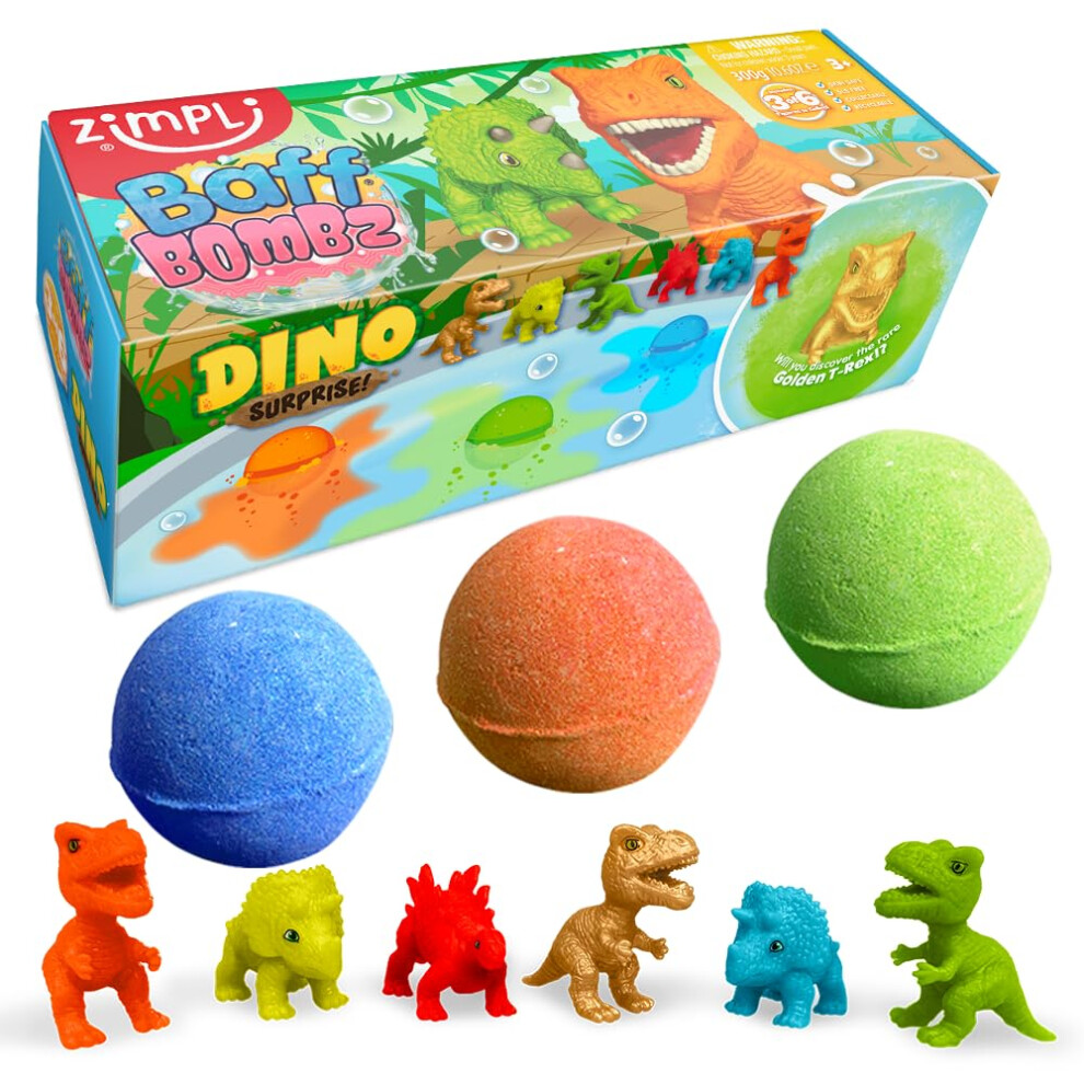 Zimpli - 3 X Large Dino Surprise Bath Bombs, 1 Of 6 Surprise Dinosaur Toys To Collect, One Per Baff Bomb, Bubble Bath Fizzies For Birthday, Xmas Gift