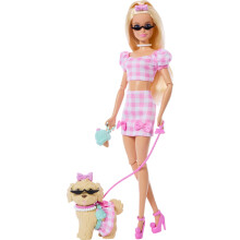 Barbie Twinning Looks Doll with Pet Dog in Matching Pink Gingham Clothes and Accessories for Both like Sunglasses, Necklaces and Bows, Blonde, JFP36