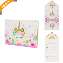 Yiran Unicorn Girls Party Invitations - Pink and Gold Envelopes Style Ready to Write (Pack 16)
