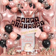 Jobkoo Rose Gold Birthday Decorations for Women Black Rosegold Party Balloons Rosegold Banner Sash Cake Topper Fringe Curtain Foil Balloon for Girls