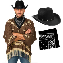 Adults Cowboy Costume - Dark Brown Poncho with Tassel Fringe, Black Star-Studded Cowboy Hat, Black Paisley Bandana - Mens Wild West Bandit Gunslinger