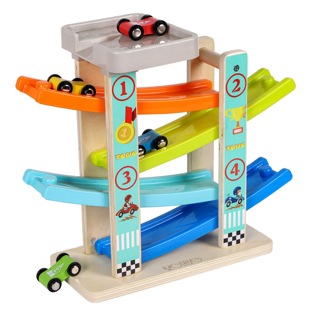 Toys Of Wood Oxford Towo Zig Zag Ramp Toy – Slide Track With 4 Cars & Rooftop Parking Playset – Click Clack Racing Toy For Toddlers Boys Girls Ages 1-4