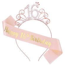 Abeillo 16th Birthday Sash and Rhinestone Tiara for Girls, Rose Gold Crystal Crown, 16th Birthday Gifts and Party Decorations