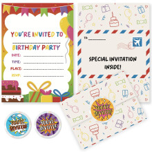 VELENTI 40 Kids Childrens Birthday Party Invitations - Kids, Boys, Grils Birthday Invitations, Invites with Folding Envelope Design and Holographic S