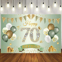 Happy 70th Birthday Banner and Backdrop - Sage Green Gold, 1.1 x 1.8 m - Party Decorations for Women Men Anniversary Supplies
