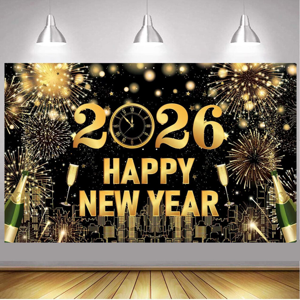 Clovercy New Years Eve Decorations 2026, Happy New Year 2026 Banner Backdrop, 59 * 39In Large Photography Background Photo Props For 2026 Eve Party Black/Gold