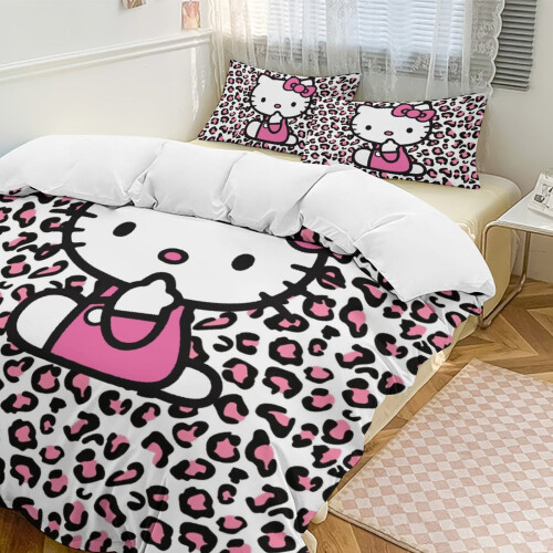 (240CM X 260CM) Pink Leopard Hello Kitty Comforter Set Soft 3 Pcs Twin Bedding Sets Thicken