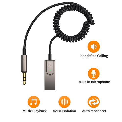 Bluetooth-Aux-Kabel / Bluetooth-Autoadapter, Auto Bluetooth 5.0 Empfänger mit 3,5 mm AUX-Klinke und USB Grey 1