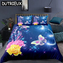 (200CM X 200CM) Purple Butterfly Flower Luxury Bedding Set Double Duvet Cover Set Pillowcase Home Textile