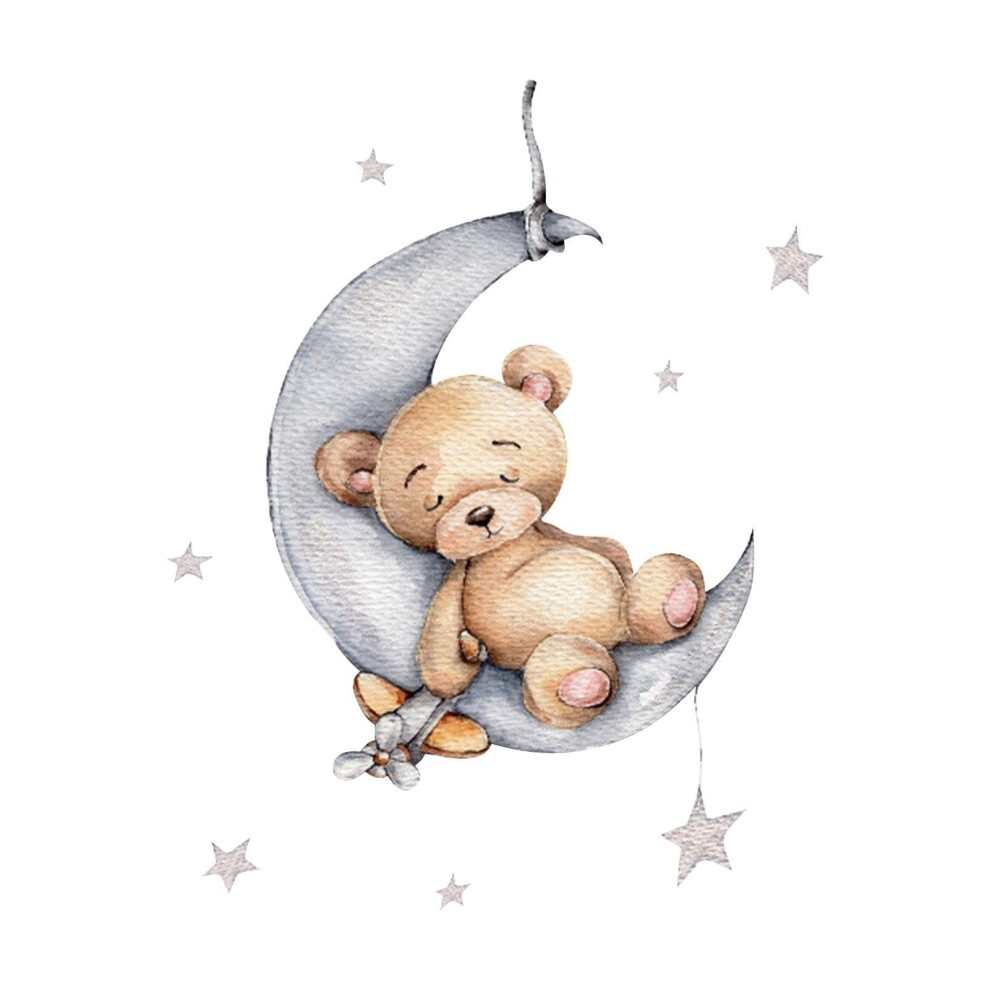 Bear Wall Stickers - Peel and Stick Bear Sleeping on Moon and Stars Decal for Kids Room Nursery Decor