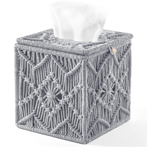 Tissue Box Cover Boho Decor Square Paper Tissue Holder with Bead Buckle Macrame Napkin Tissues Organizer for Home Office