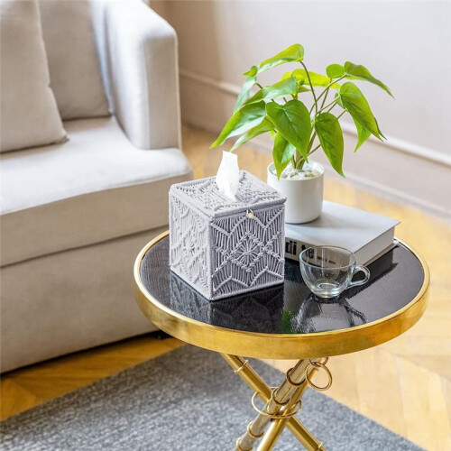 Tissue Box Cover Boho Decor Square Paper Tissue Holder with Bead Buckle Macrame Napkin Tissues Organizer for Home Office 2