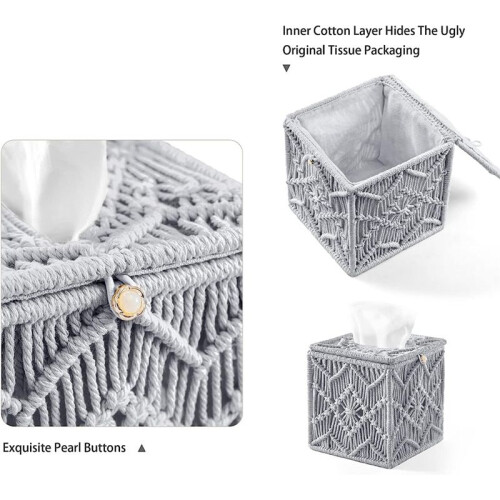 Tissue Box Cover Boho Decor Square Paper Tissue Holder with Bead Buckle Macrame Napkin Tissues Organizer for Home Office 1