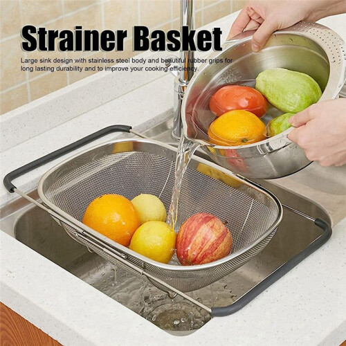 Stainless Steel Telescopic Strainer Basket, Vegetable Fruit Strainers,Rubber Handle Kitchen Sink Strainer Basket Tool 2