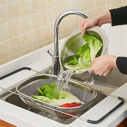 Stainless Steel Telescopic Strainer Basket, Vegetable Fruit Strainers,Rubber Handle Kitchen Sink Strainer Basket Tool 2