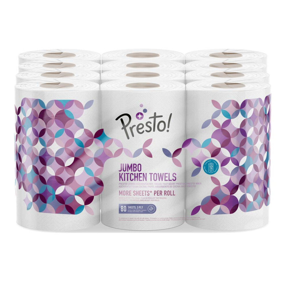 Presto! Amazon Brand Presto Jumbo Kitchen Roll 3Ply Strong And Absorbent 12 Rolls