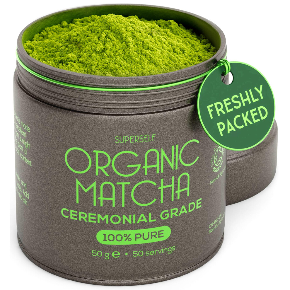 Superself Organic Matcha Powder - Ceremonial Grade & 100% Pure - Smooth Taste & Vibrant - Macha For Straight Tea, Lattes, Baking - Certified Or Green