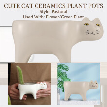 Cute Cat Ceramic Garden Flower Pot Animal Image Cactus Plant Planter Succulent Plant Container Tabletop Decoration White