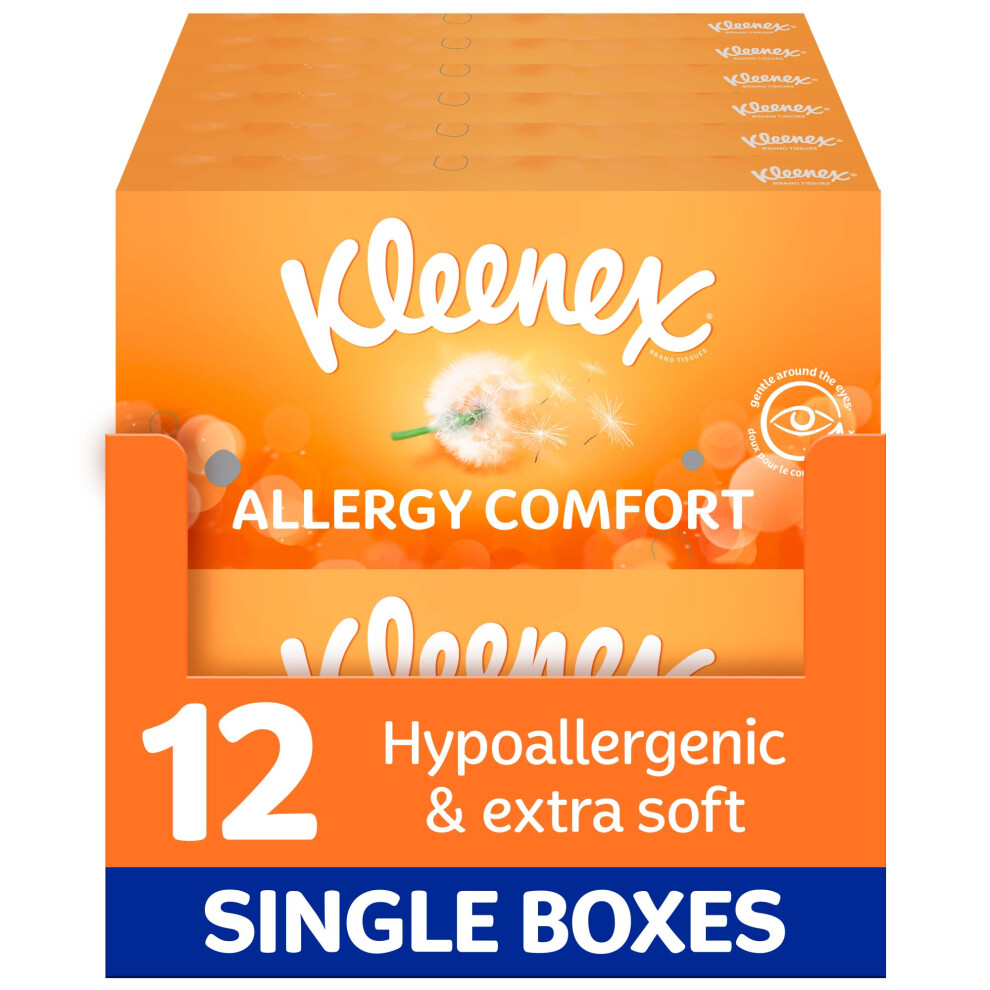 Kleenex Allergy Comfort Tissues - Pack Of 12 Tissue Boxes- Hayfever Allergy Comfort Tissues - Extremely Gentle, Perfect For Hay Fever Symptoms