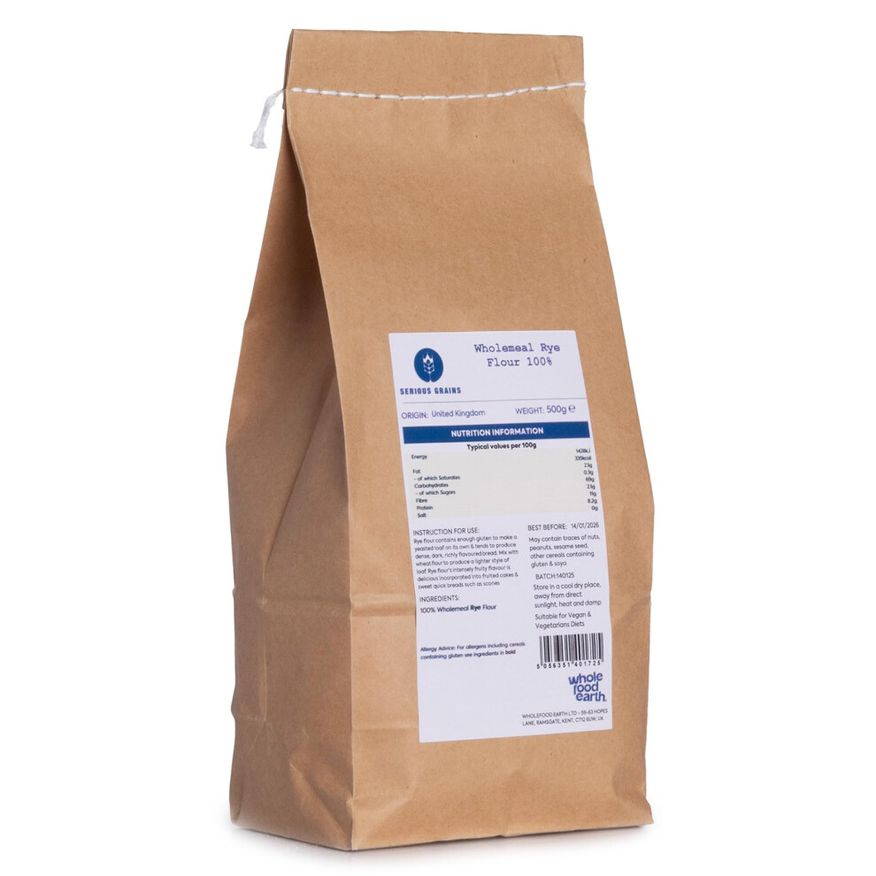 Wholefood Earth 100Percent Wholemeal Rye Flour Stoneground 500G High Fibre Made In Uk