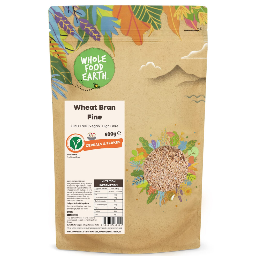 Wholefood Earth Wheat Bran Fine 500 G Gmo Free High Fibre
