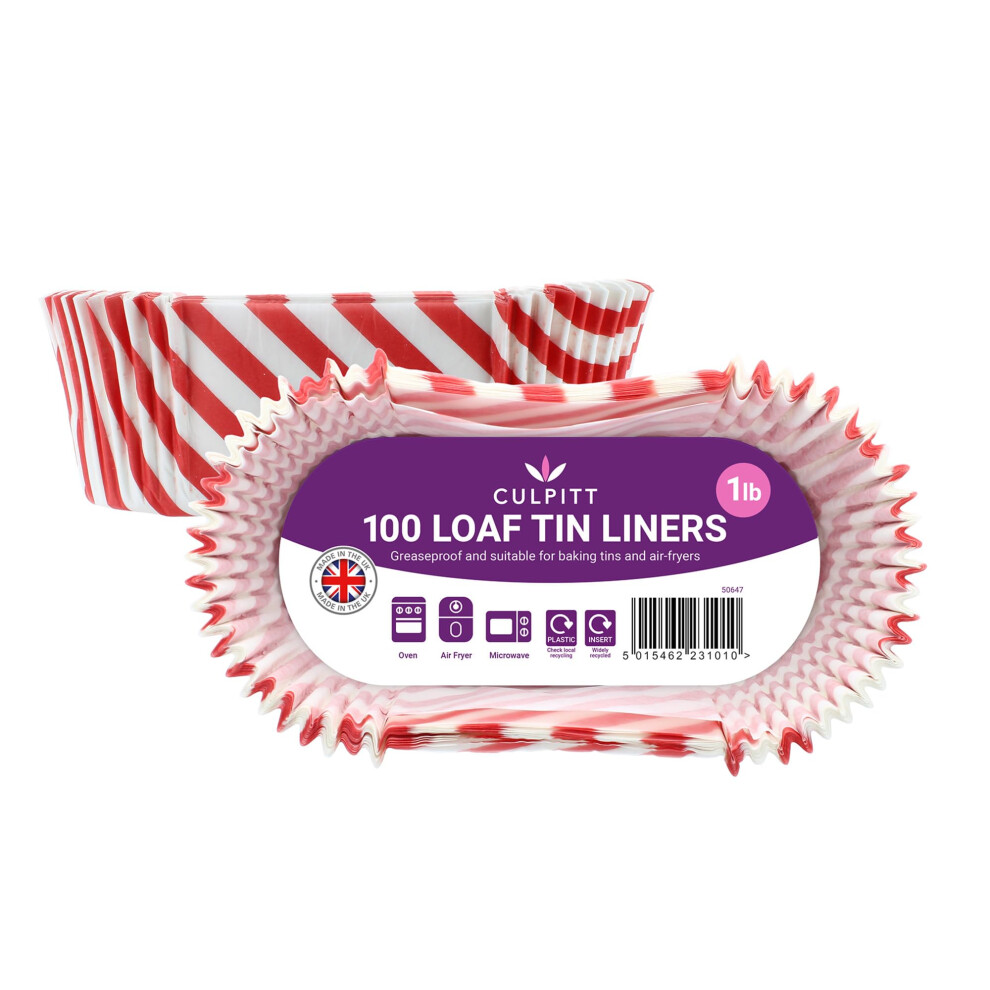 Culpitt 1Lb Loaf Tin Liners Stripe 100 Pack Greaseproof Paper Cake T Red