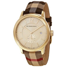 BURBERRY MEN'S WATCH FABRIC & LEATHER MULTICOLOUR STRAP WITH GOLD DIAL BU10001