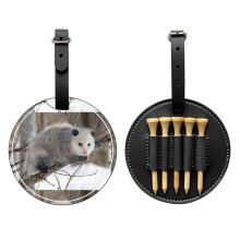 Opossum in Snow Print Luxury Leather Golf Tee Organizer Bag Ball Holder for Tees, Golf Balls, Scorecard Pocket