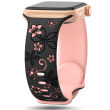 Floral Engraved Strap Soft Silicone Sport Band for Apple Watch 38mm To 49mm Series 1 11 SE Black Pink