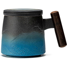 Gradient Porcelain Tea Mug with Lid & Infuser, 400ml BlackShort Black Cyan