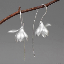 S925 Sterling Silver Magnolia Flower Drop Earrings NaturalSilver