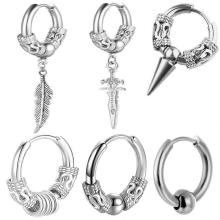 6PCS/Set Stainless Steel Dangle Hoop Earrings with Charm for Men & WomenSilver