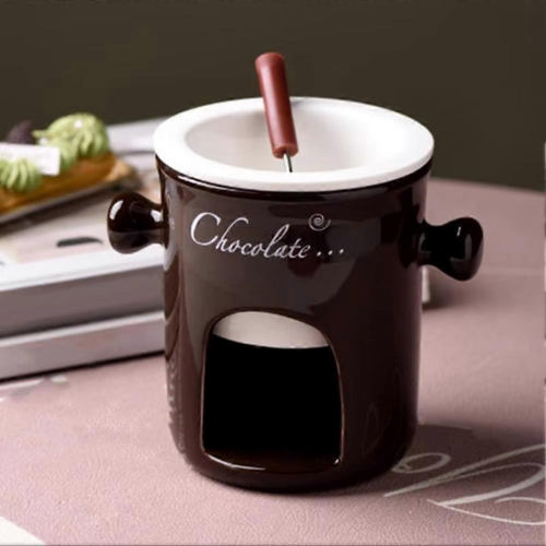 Ceramic Chocolate Fondue Pot Mug Set, Candy Melter for SnacksWhite 1