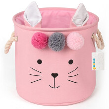 Kids Storage Basket Foldable Fabric Toy Box Organizer with Drawstring, 11.8 Inch Animal Design, Pink for Baby Nursery