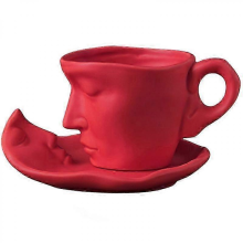 260ml Creative Face Shape Porcelain Tea Cup and Saucer Set, Artistic Kiss Ceramic Coffee Mug, Wedding DecorRed